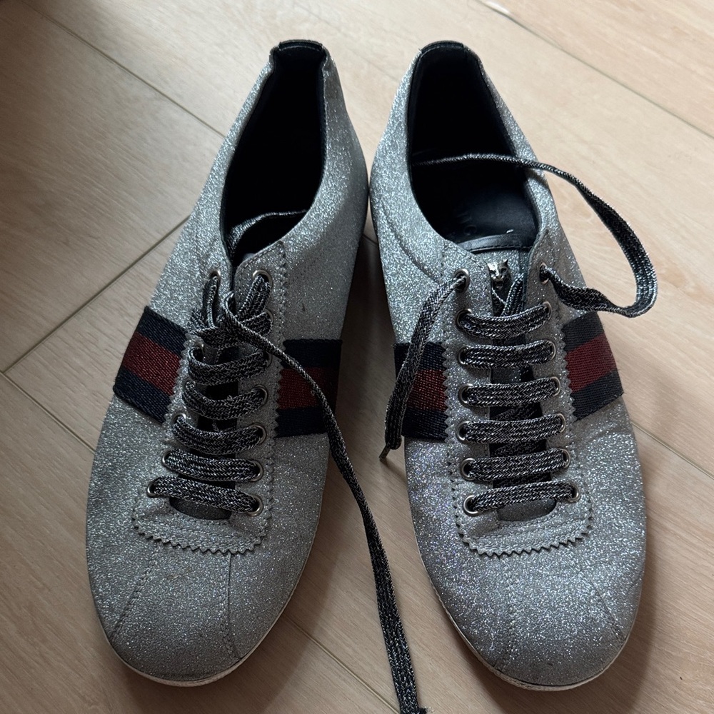 Authentic Gucci Silver Glitter Sneakers with Red and Black Stripes